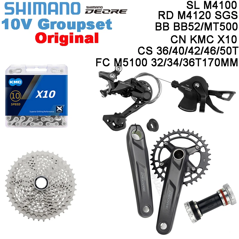 Shimano Deore M4100 1X10S Groupset SL+RD M4120 MTB 11V Crankset 32T 34T 36T 11S K7 CS 42T/46TKMC X10 Chain BB52 MT500 Kit 10v