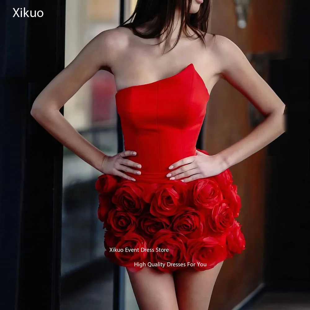 

Xikuo 3D Rose Hem Prom Gowns Eye Catching Mini Evening Dresses Sleeveless Asymmetric Shoulder Birthday Party Dresses Customized
