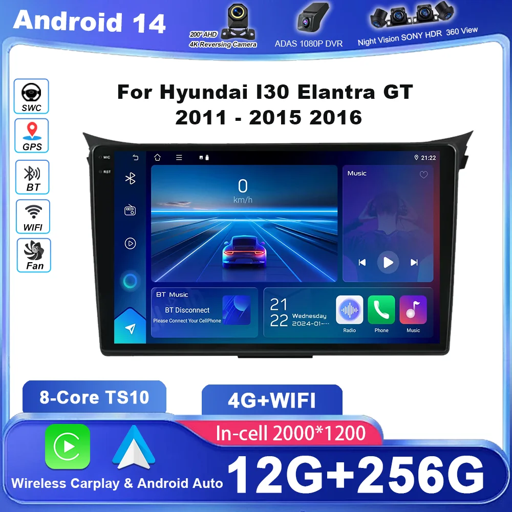 

Автомобильное радио Android 14 для Hyundai I30 Elantra GT 2011-2015 2016 авто стерео мультимедийный плеер GPS-навигация Carplay 2DIN DVD