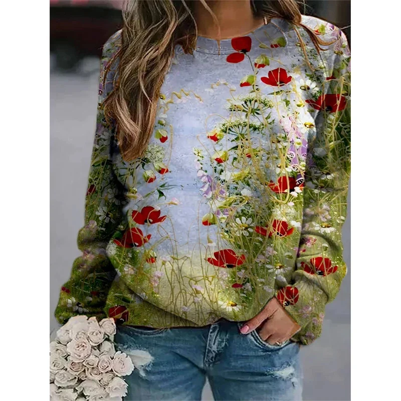 New Winter 3D Print Colorful Flowers Sweatshirts Fashion Streetwear Pullovers Women Vintage Y2k Unisex Clothing Funny Girls Tops