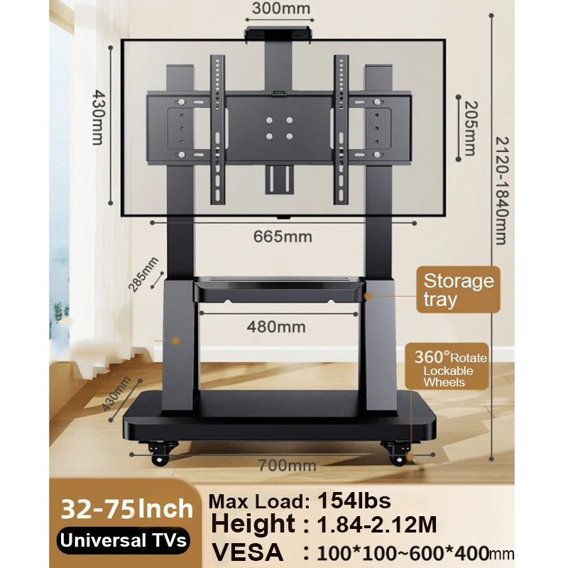 Mobile TV Stand for 32-75” TVs,Tilt TV Cart Holds up to 154Lbs Portable Stand with Storage Shelf Rolling Floor VESA 600x400mm