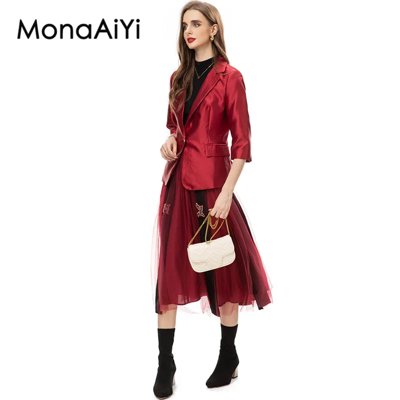 MonaAiYi HIGH STREET Runway Fashion Designer Women's Single Button Blazer+Diamond Set Gauze Skirt+Slim Short Set 3pcs 2023 New