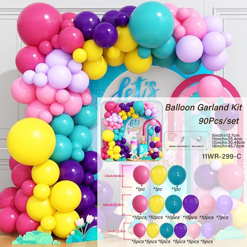 90pcs Pink Blue Purple Balloons Arch Kit, Rainbow Balloons for Kids Theme Baby Shower Birthday Wedding Party Decoration