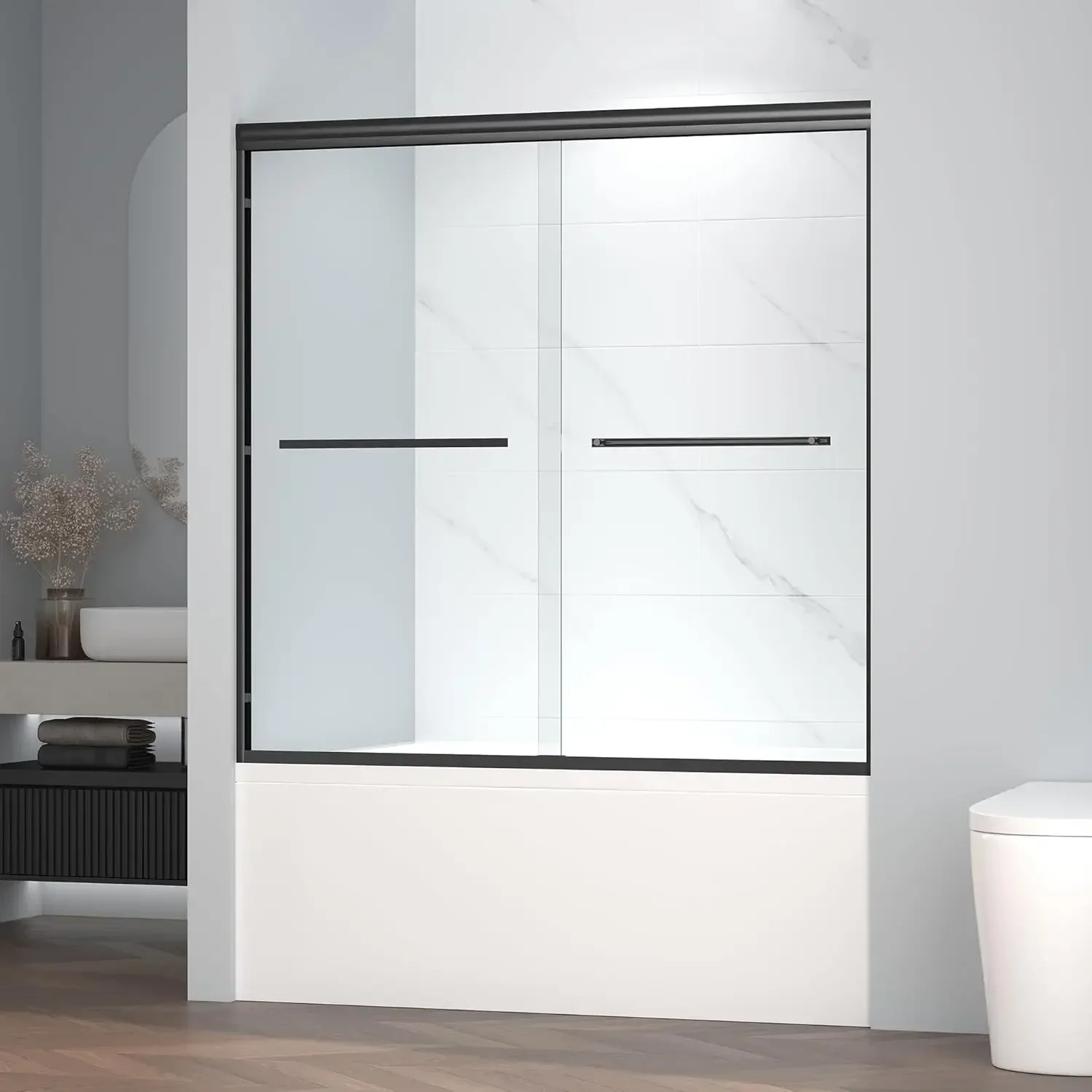 

Bestseller60" W x 58" H Semi-Frameless Bypass Sliding Bathtub Shower Door, Easy-to-Clean Treated Clear Tempered Glass, Matte Bla