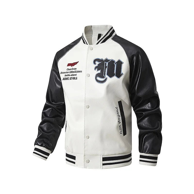 Men's Fashionable Versatile Embroidered PU Leather Baseball Jacket New 2026 Autumn Racing Suit Trendy And Stylish