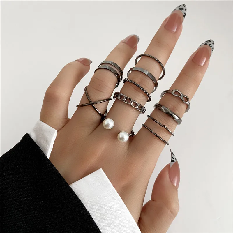 Punk Snake Black Rings Set For Women Vintage Geometric Metal Cross Rings Set 2022 Fashion Trend Personality Jewelry Gifts image 4