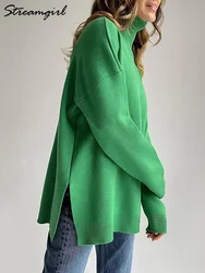 Lado dividido pulôver de gola alta quente mulheres oversize top de inverno suéter de grandes dimensões verde básico macio para as mulheres de gola alta