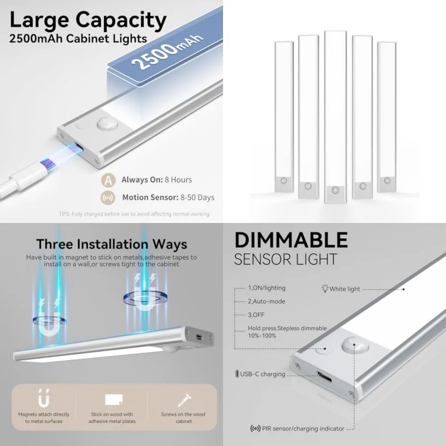 

Under Cabinet Lighting, LED Magnetic Motion Activated Under Cabinet Lights, Rechargeable Closet Lights 2500mAh Battery Operated