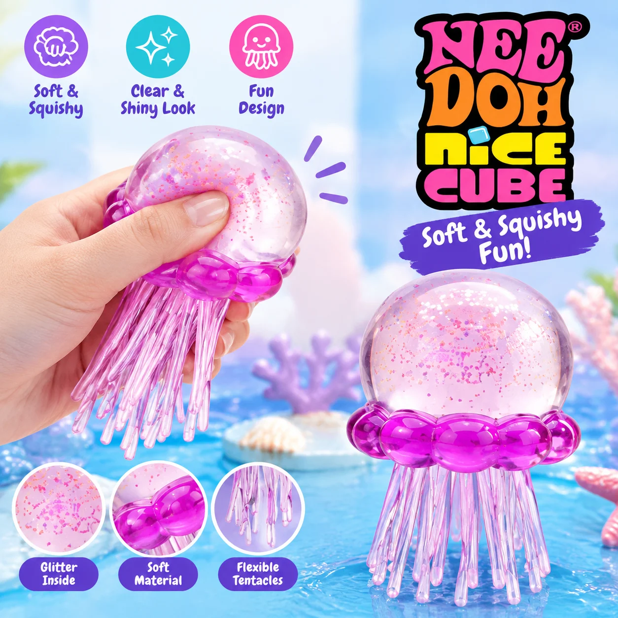 NeeDoh Squishy Jellyfish Cube Sensory Fidget Toy Soft Squeeze Stress Relief for Kids Adults Trending