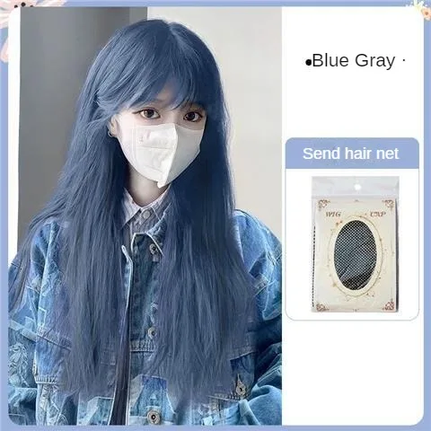 Nieuwe Goedkope Cosplay Synthetische Pruik Voor Dames Lang Steil Haar Pruiken Blauw Grijs Lolita Natuurlijke Dagelijkse Kapsel Simulatie Pruik Set.