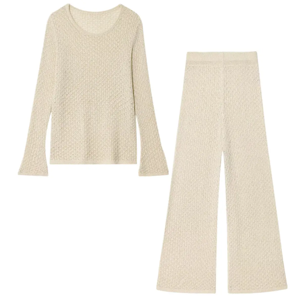 

Withered Minimalist And Elegant Beige Knitted Pants Suit Round Neck Long-sleeved T-shirt Straight Pants Two Pieces Sets