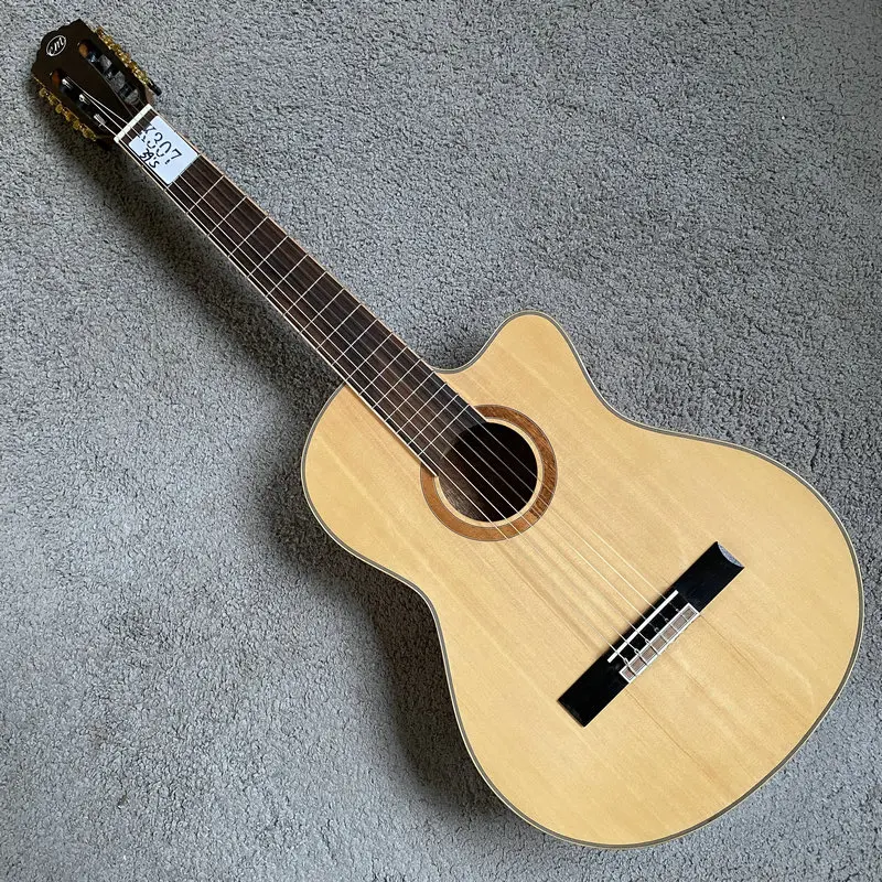K307   EM Spruce Mahogany Cutaway Classical Guitar, 39 Inch Solid Top Flamenco Style with Minor Defects