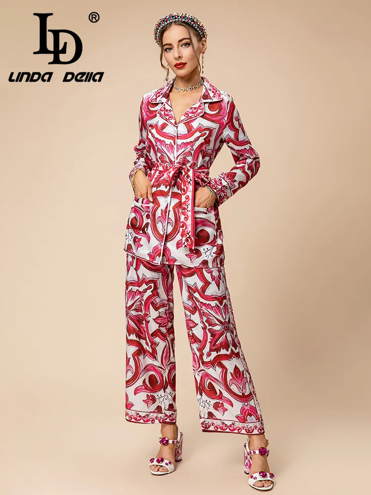 

LD LINDA DELLA Autumn and Winter Set Women Red and White porcelain Print Belt Single-breasted Top+Straight Trouser 2 Pieces Set