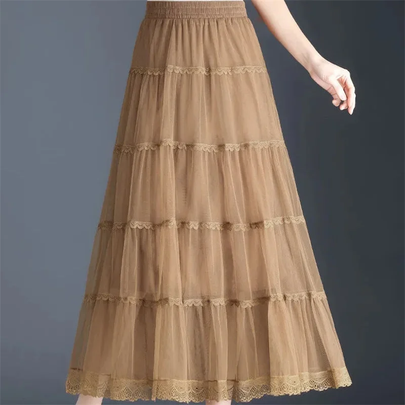 Long Tulle Skirt Women 2024 Spring Summer Elastic High Waist A-Line Mesh Pleated Puffy Skirt Female Elegant Lace Midi Skirt