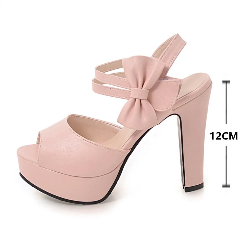 Sweet Bowtie Women Platform Sandals High Heel Peep Toe Pink Black PU Casual Office Lady Ankle Strap Party Dress Shoes Sandalias