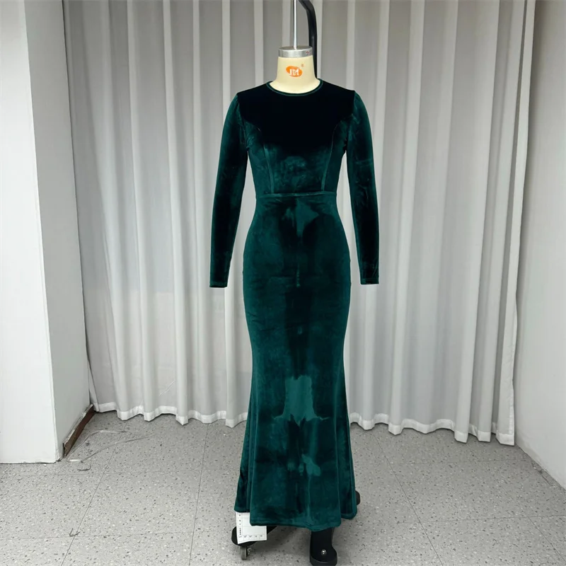 Luxury Green Velvet Backless Long Dress For Women Bodycon O-Neck Long Sleeve Nipped Waist Pleated Zipper Evening Party Vestidos