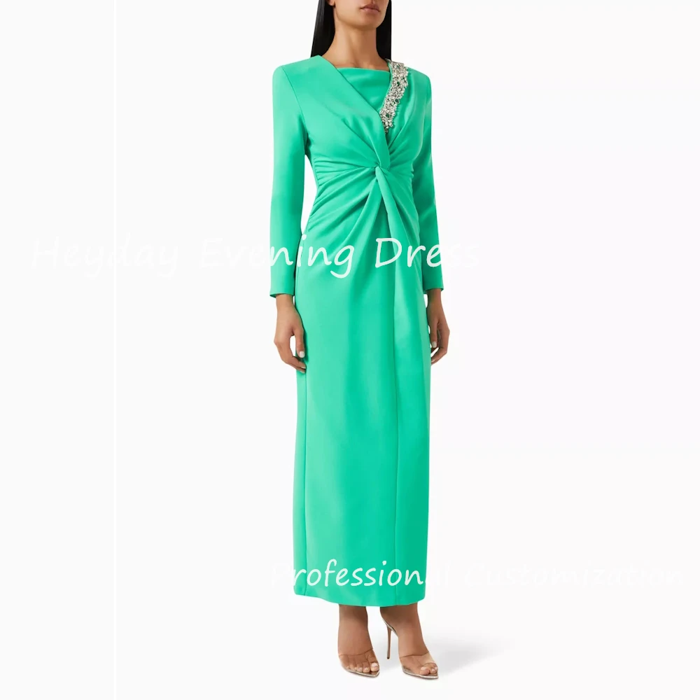 Heyday-vestido de fiesta de manga larga con cuello redondo para mujer, traje recto con cuentas, longitud hasta el tobillo, volantes, elegante, lujoso, 2024