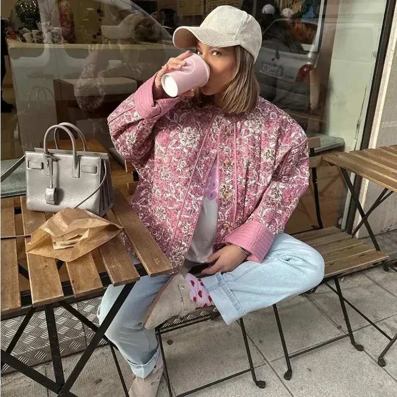 

Элегантная женская куртка с цветочным принтом, модное винтажное теплое пальто с длинным рукавом, повседневное свободное однобортное стеганое пальто с круглым вырезом