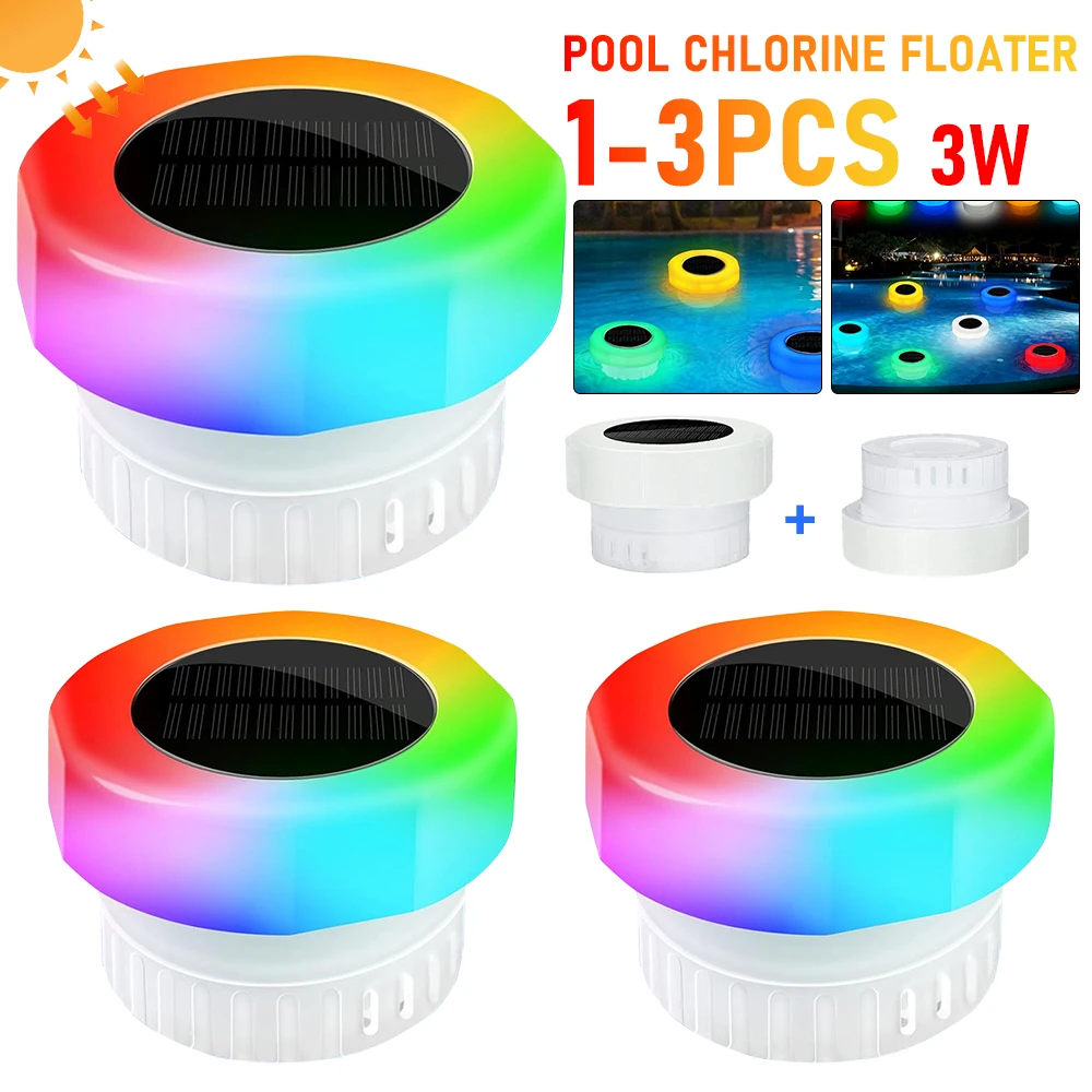 Solar Floating Chlorine Dispenser with Colorful Light Pool Chlorine Tablet Dispenser IP68 Waterproof for Up To 3 Inch Tablets