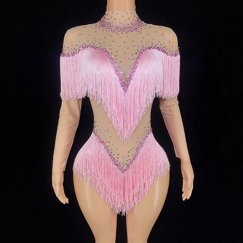 Elastic Latin Dance Short Skirt Evening Gown Stage Performance Costume Women's Fashion Show with Sequins Tassel Net Fabric