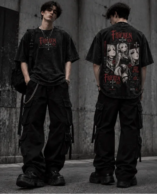 Frieren Beyond Journey's End Vintage Washed T Shirt Gothic Anime Print Men Women Oversized Short Sleeve Streetwear Graphic Tee
