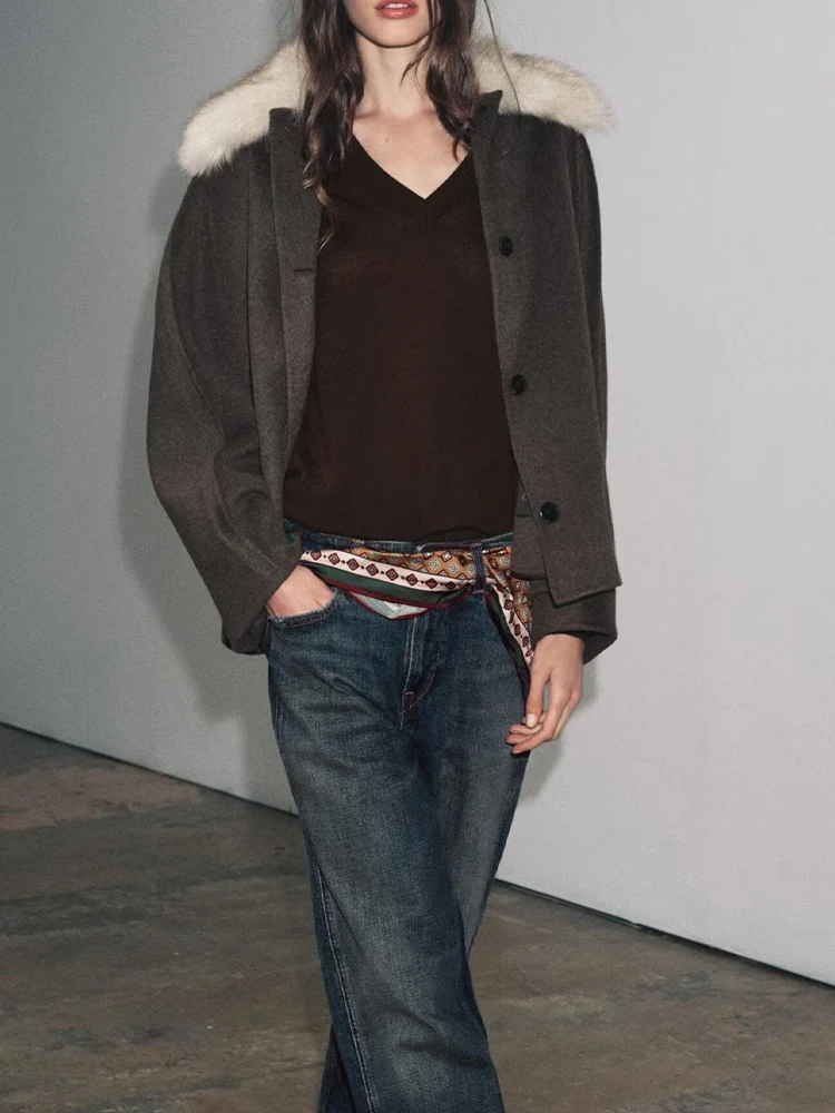 

Осенняя новая женская модная тенденция в европейском и американском стиле, повседневная простая универсальная куртка с воротником из смешанного искусственного меха, пальто