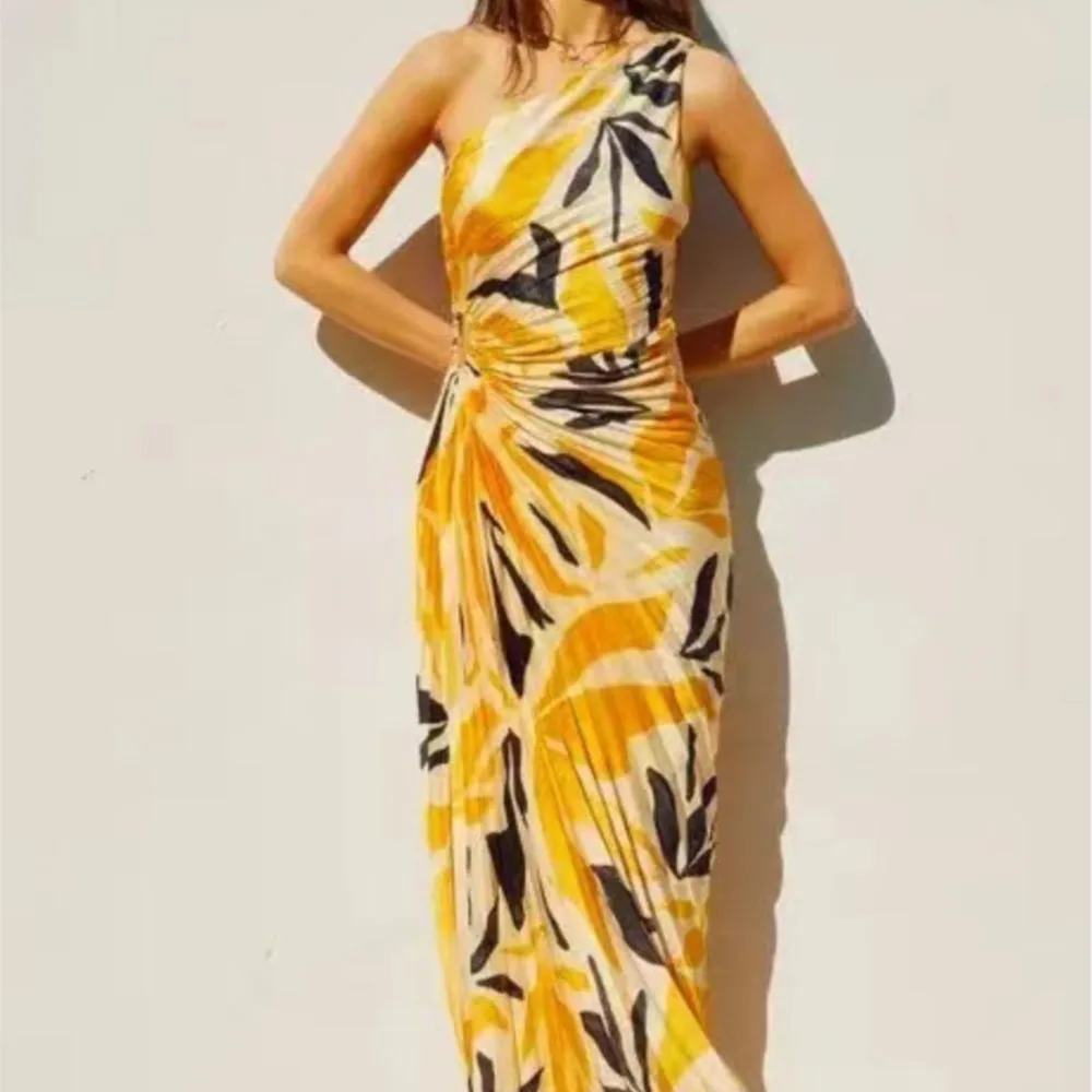 

Printed Pleated Dress Sleeveless Slant Collar Off-shoulder Summer New Women's Slim Sexy Irregular Dress Vestidos Para Mujer