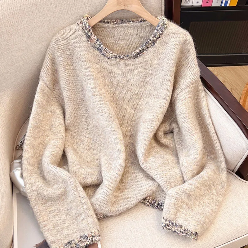 

Retro O-neck Pullover Sweater Women's Spring Autumn Oversized Knitting Top Female Classic Versatile Long-sleeve Sweaters