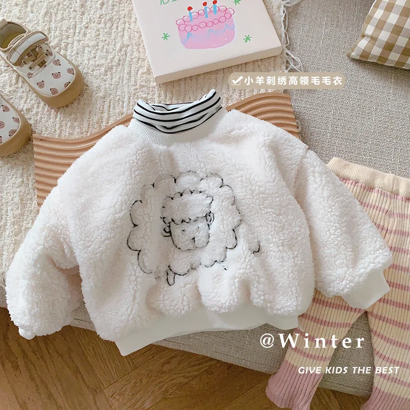 

Jenny&Dave Children's warm bottom sweater for winter girls aged 0-5 with plush high collar and a simple striped top for children