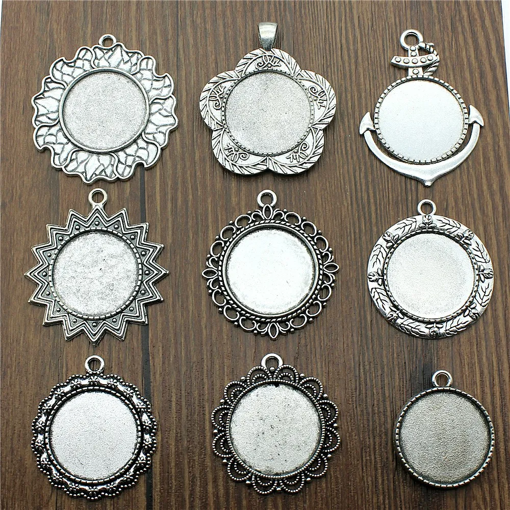 5pcs Fit 25mm Round Glass Cabochon Base Setting Pendant Tray For Jewelry DIY Making Antique Silver Color FM4031