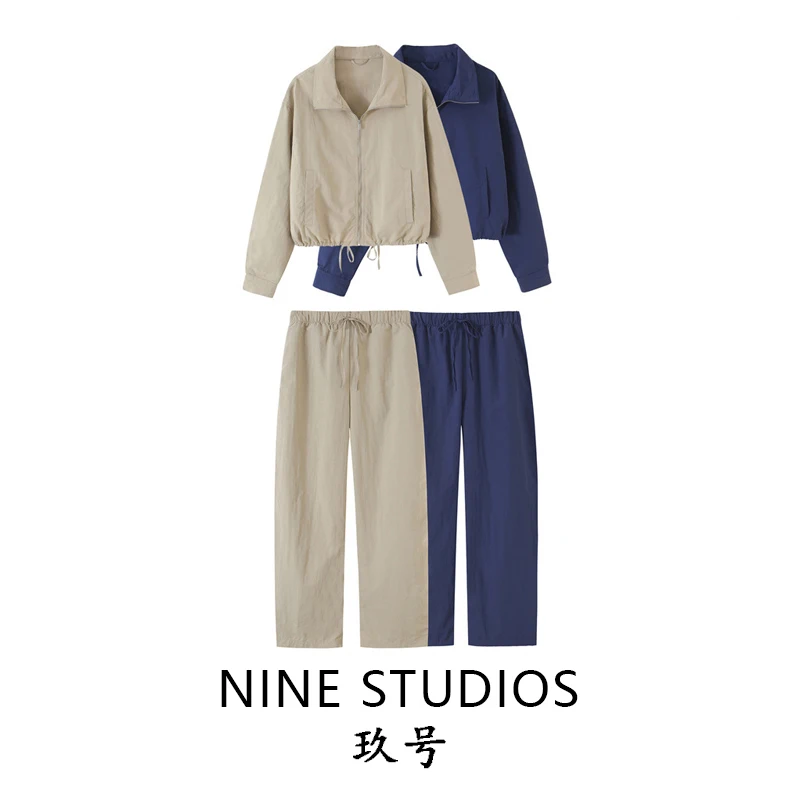 NINE ZAR Women's Pure Color Collar Jacket Elastic Pants Long Sleeve Short Length Two-Piece Set Fashionable Outerwear