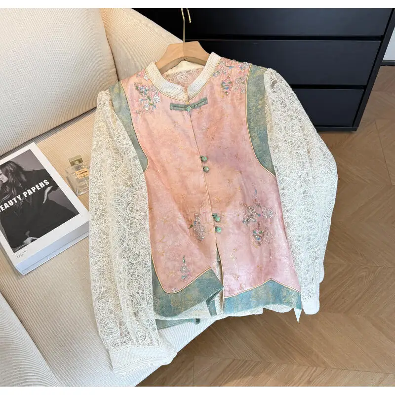 

New Chinese Waistcoats Suit 2Pcs Lace Blouse Hanfu Jacket Exquisite Tang Clothes Casual Elegant Women Layering Outwear Clothing