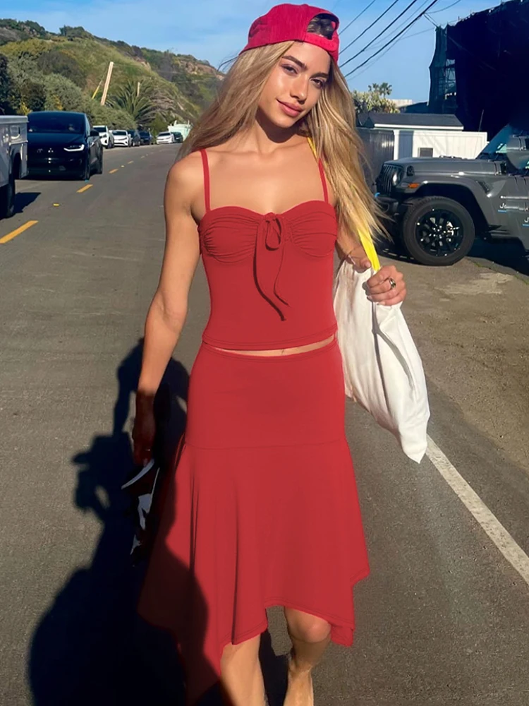 

TARUXY Sling Skirt Suit Women's Sleeveless Solid Slim T shirt Top Irregular Long Skirt High Waist Casual 2025 Summer Fashion Set