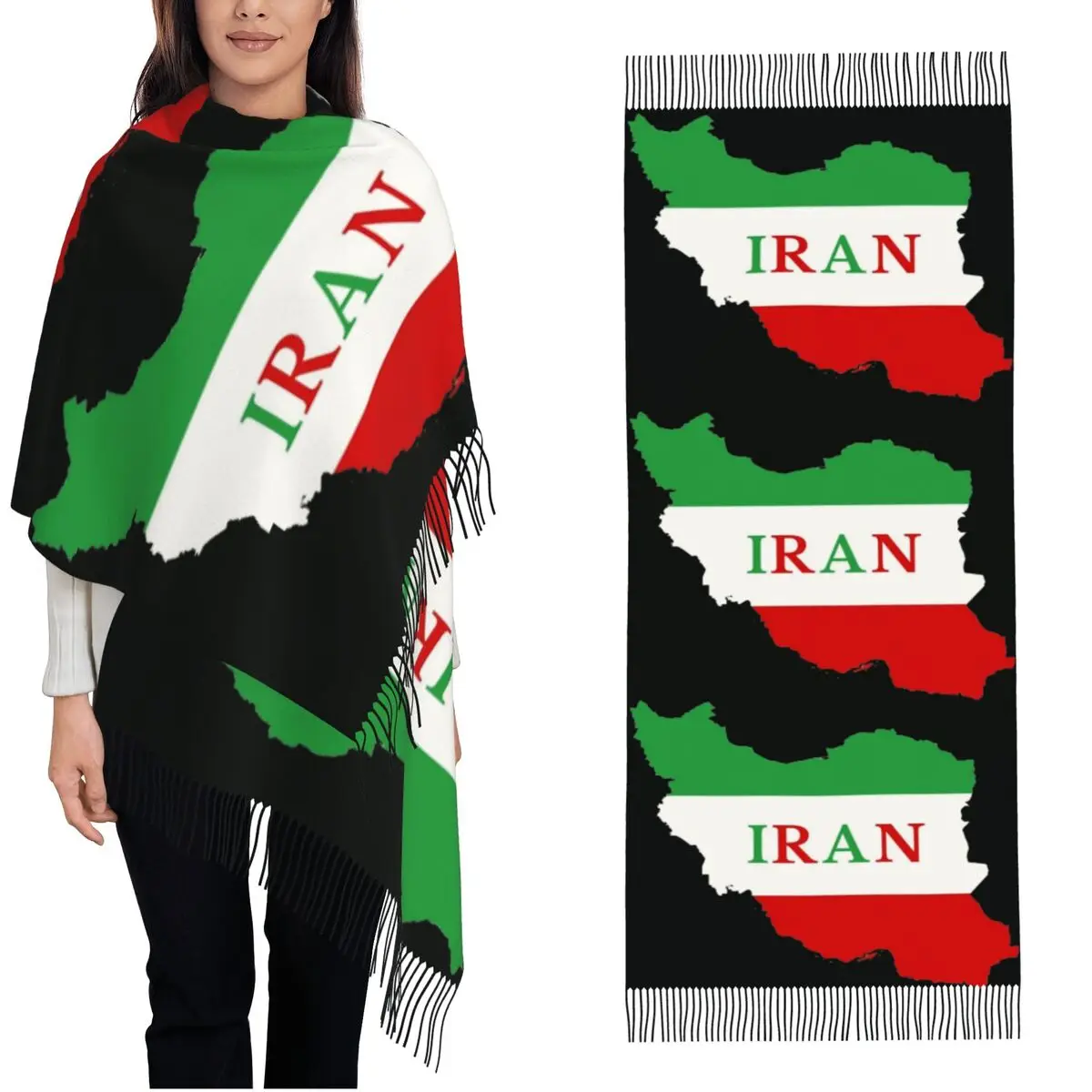

Женский теплый мягкий шарф с картой и флагом Ирана, с длинными кисточками, в стиле ретро, зимняя накидка-шаль, индивидуальный дизайн, буфанда