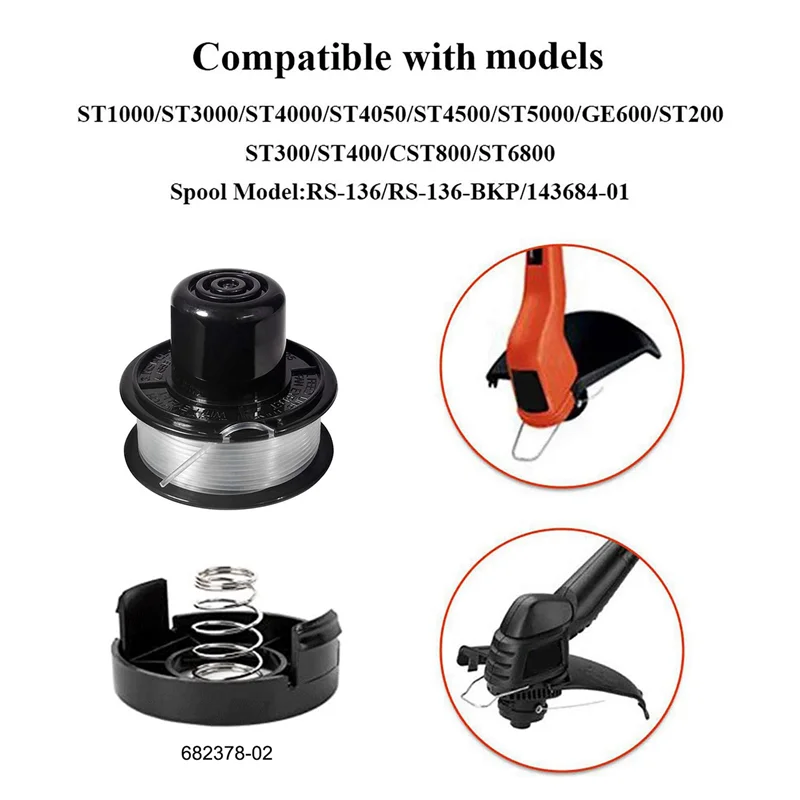 

AA81-RS-136 Replacement String Trimmer Spool Line For BLACK+DECKER ST4000 ST4500 (2 Spool, 2 Cap And 2 Spring)