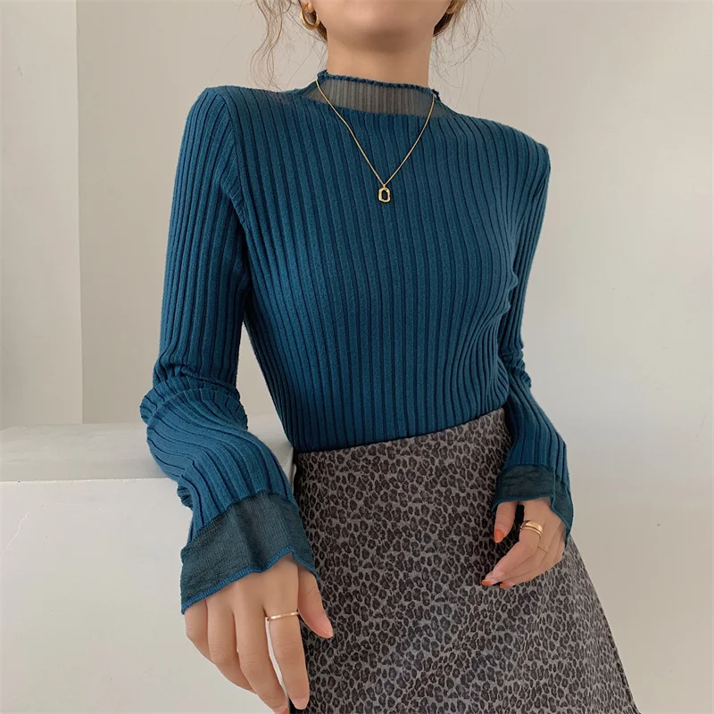 

Half High Collar Lace Mesh Splicing Basics Sweater Women Spring Autumn Fashion Casual Woman Female OL Cute Turtleneck Pullover 2