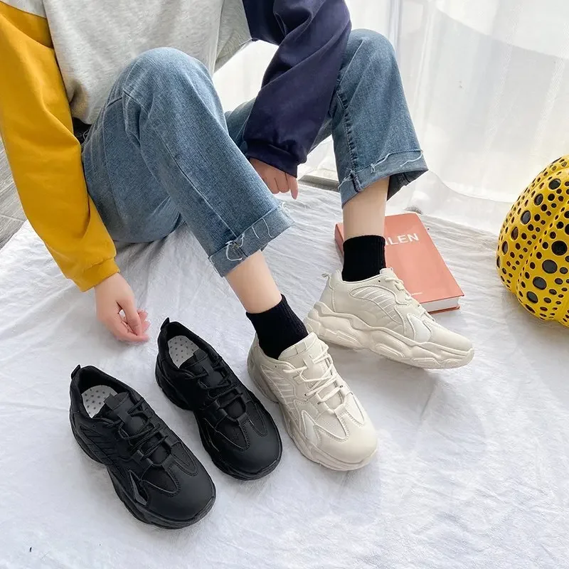 Women Platform Sneakers Leather Casual Ladies Chunky Shoes 2021 White Woman High Black Fashion Brand Thick Soled Wedge Sneakers