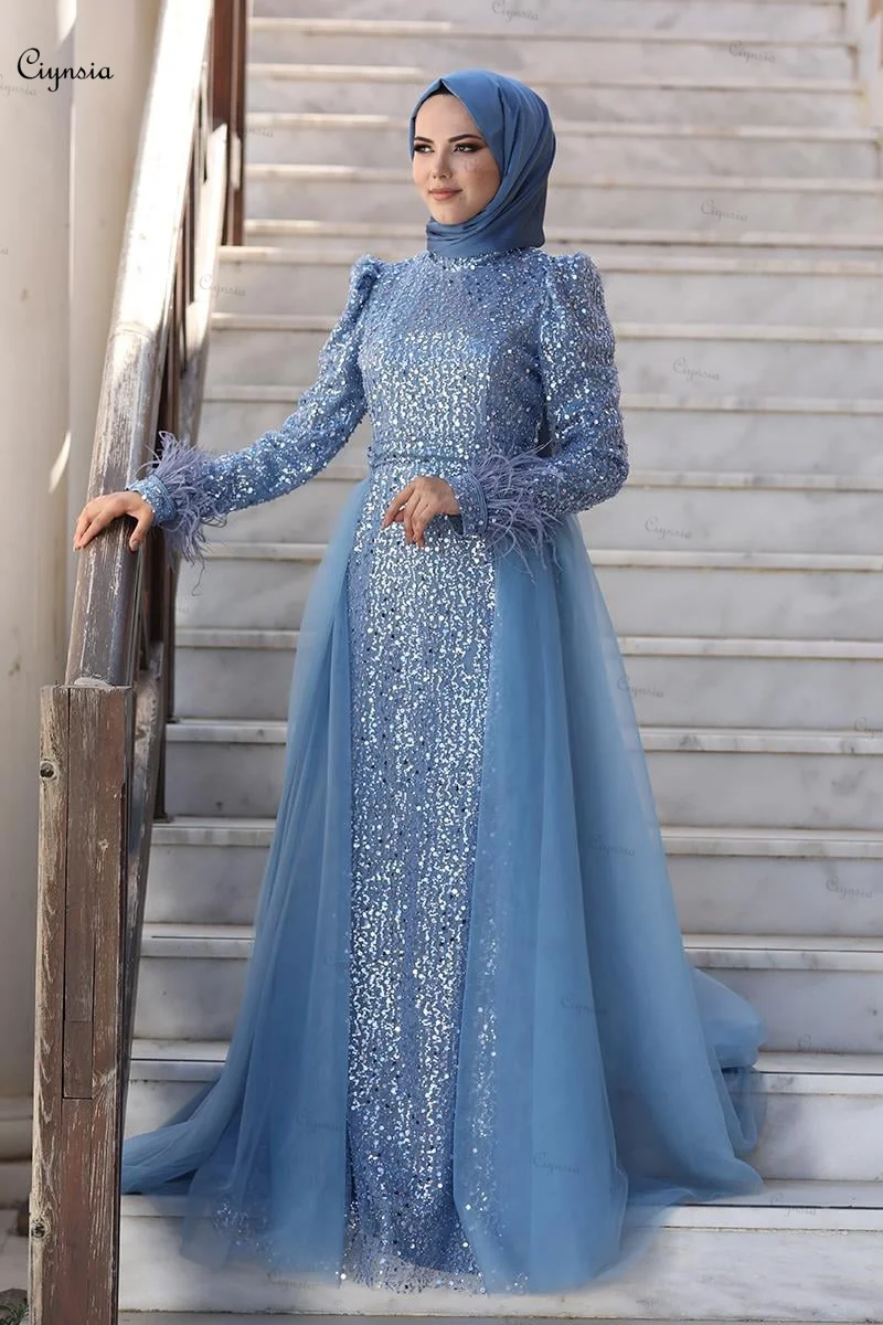 Ciynsia Luxury Glitter Sequin Beading Formal Dress Long Sleeve Muslim Evening Gown Islamic Hijab Arabic Kaftan Robes De Soirée