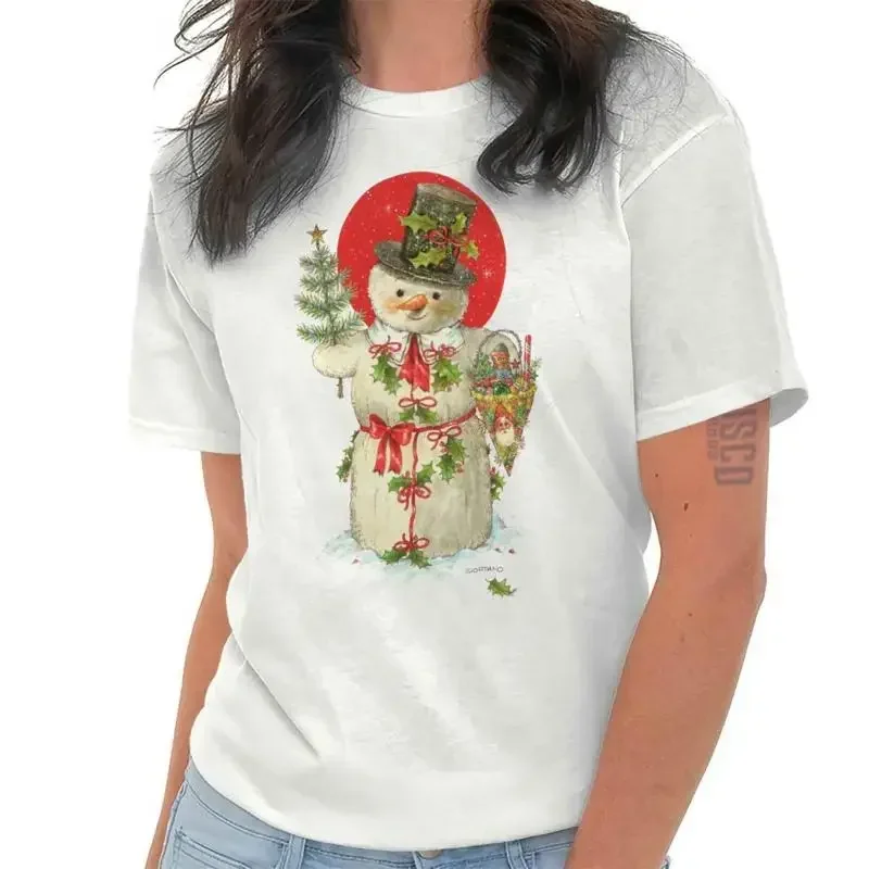 

Snowman Merry Christmas Tree Winter Scene Womens Short Sleeve Crewneck Tee
