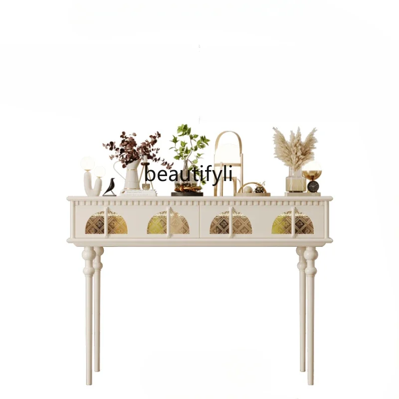 

AFrench Cream Style Console Aisle Solid Wood a Long Narrow Table Glass Light Luxury Art Console Tables