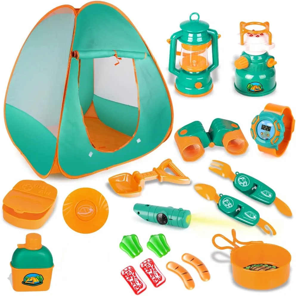 Crianças conjunto de acampamento com tenda de acampamento engrenagem brinquedo com fingir jogar tenda ao ar livre indoor brinquedos fingir jogar tenda acampamento ferramentas engrenagem