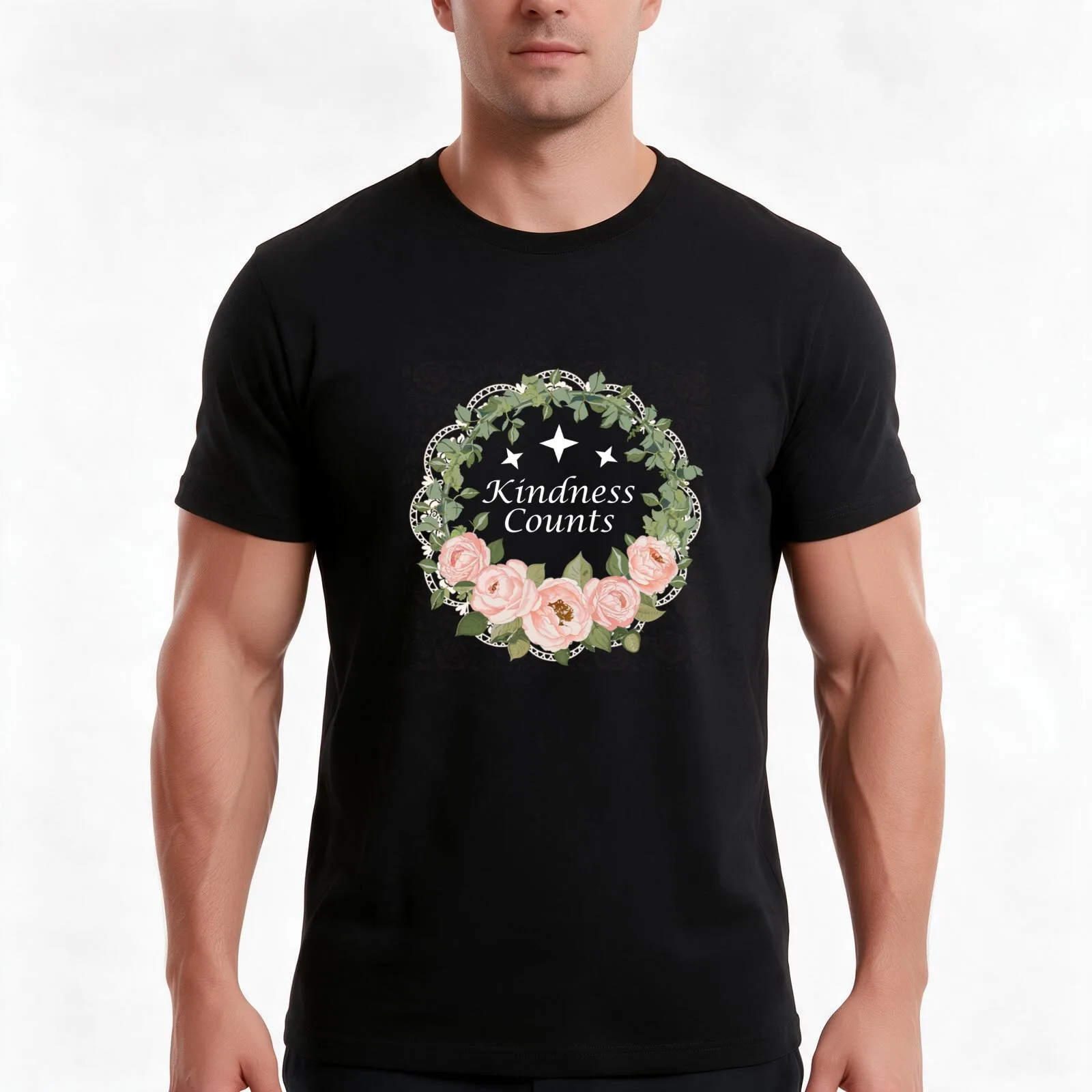 Pink Roses Green Leaves and Lace Wreath with Inspirational Saying - Shirt Says: Kindness Counts. T-Shirt Vintage Graphic Print
