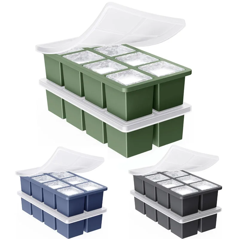 

5CM Large Square Ice Cube Silicone Mold Ice Cube Tray 8 Holes with Lid Easy to Release and Clean, Bar and Home Whiskey Ice Maker