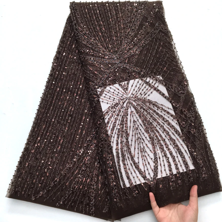 

Coffee African High-Quality Tulle Lace Fabric 2025 Nigeria Mesh Heavy Beads Sequins 5Yards French Net Lace For Women Dresses