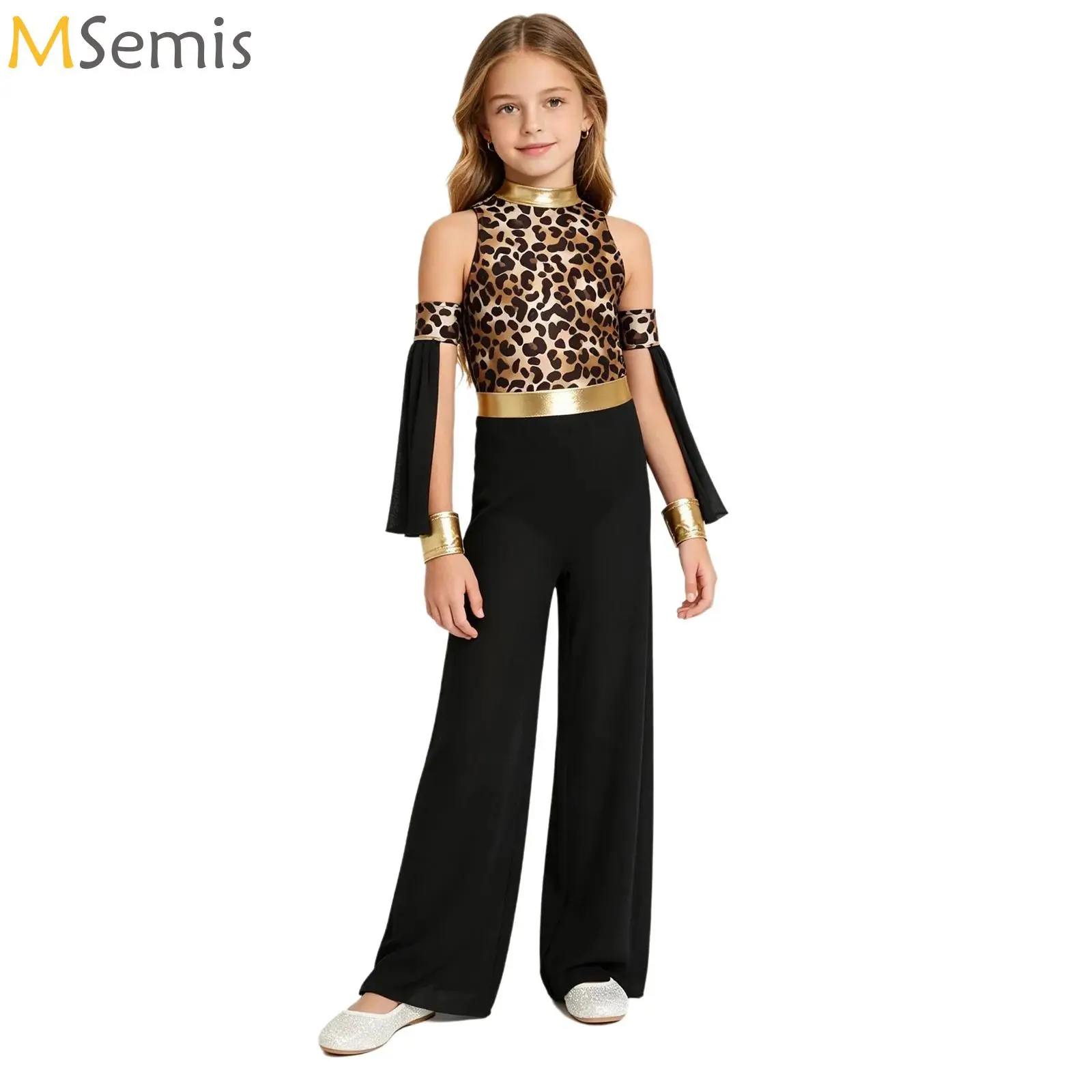 

Lyrical Dance Jumpsuit Kids Girls Wide-Leg Long Pant Bodysuit and Oversleeves Set Contemporary Dance Stage Performance Costume