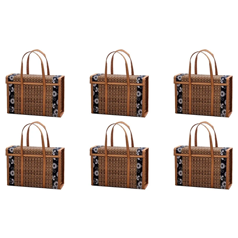 

6X Picnic Woven Basket Wicker Storage Bag Handle Folded Fruit Shopping Food Handle Rattan Grass Foldable Bamboo Basket