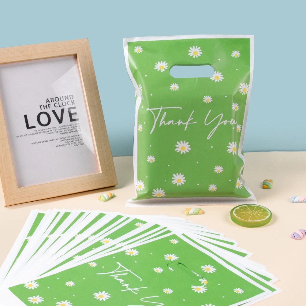 10/20/30pcs Green Daisy Flower Thank You Tote Gift Bags Plastic Candy Cookie Packaging Bags Favors Wedding Birthday Party Decor