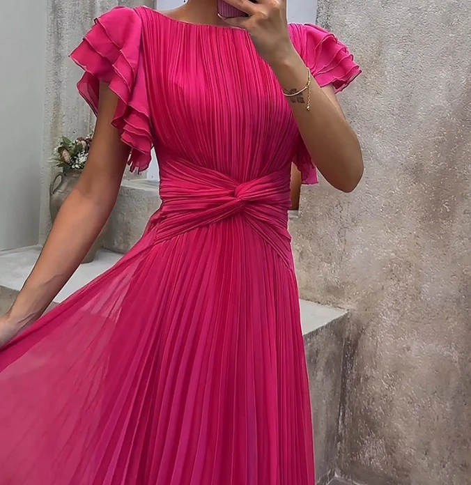 Women's Fashion Sexy High-End Round Neck Pleated Cross Solid Color Long Dress 2024 New Female Elegant High Waist A-Line Dresses