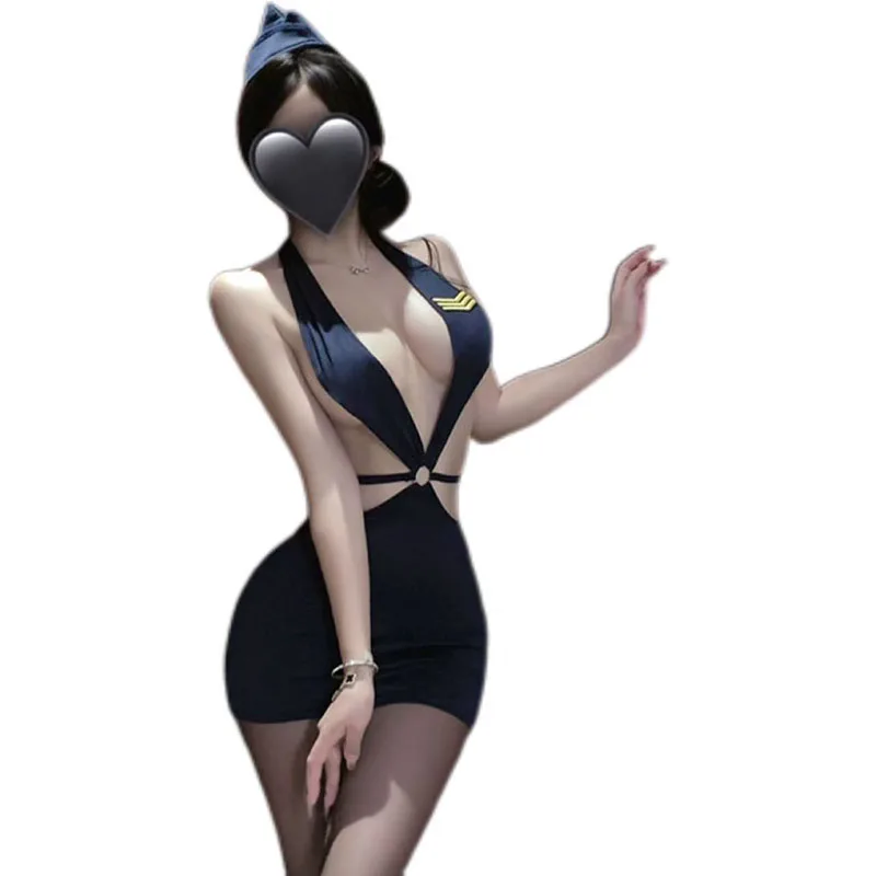 

Sexy Pure Desire Slim Dress Role Playing Stewardess Uniform Seductive Blue Deep V Backless Underwear Secretary Cosplay Pajamas