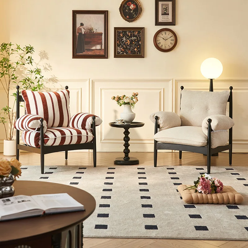 French retro Chiwu sofa chair living room home wabi sabi single sofa chair bed and breakfast balcony cafe solid wood chair